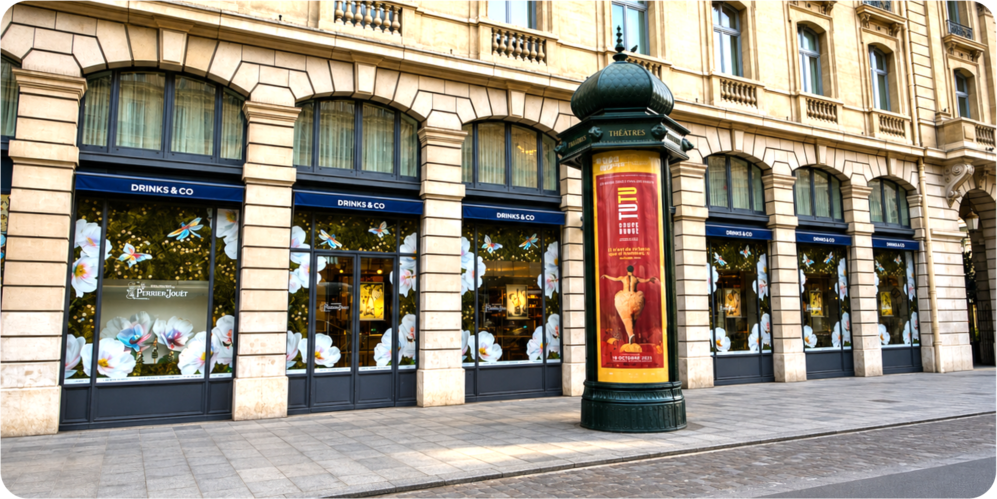 Galerie de vitrines événementielles Perrier-Jouët chez Drinks & Co