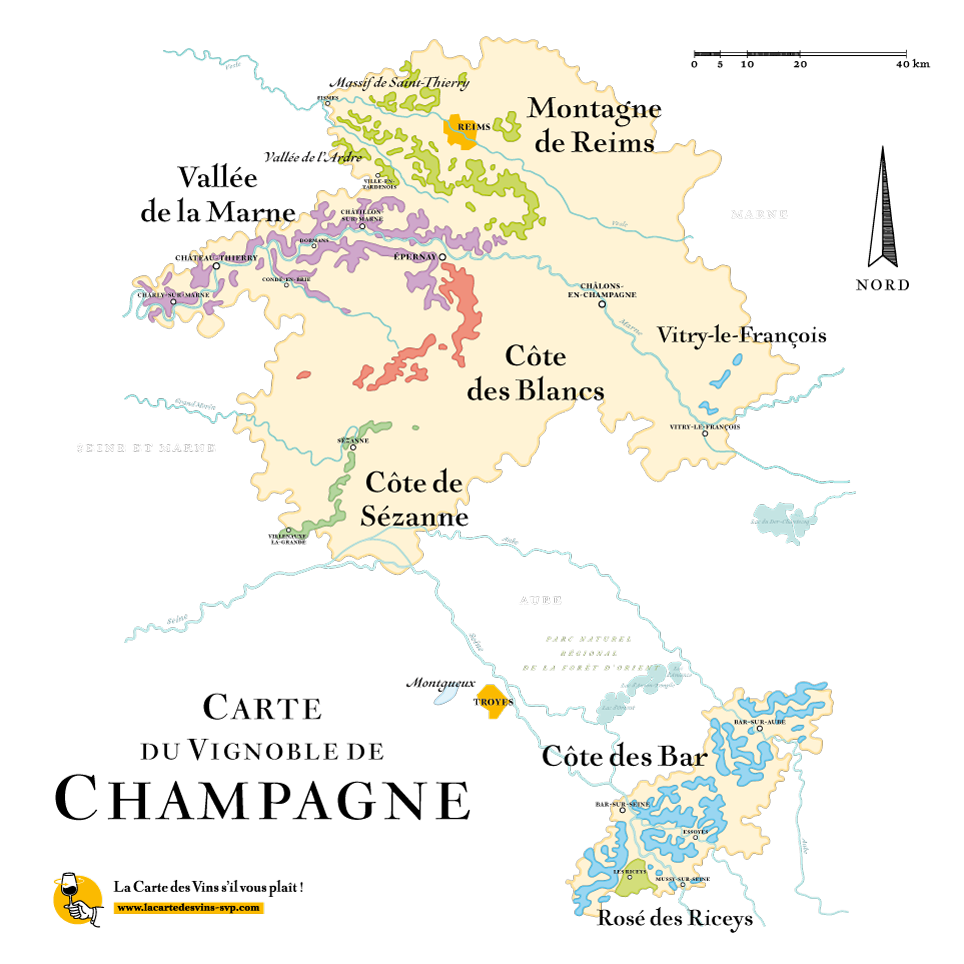 Présentation de la carte avec les différentes appellations et terroirs de Champagne
